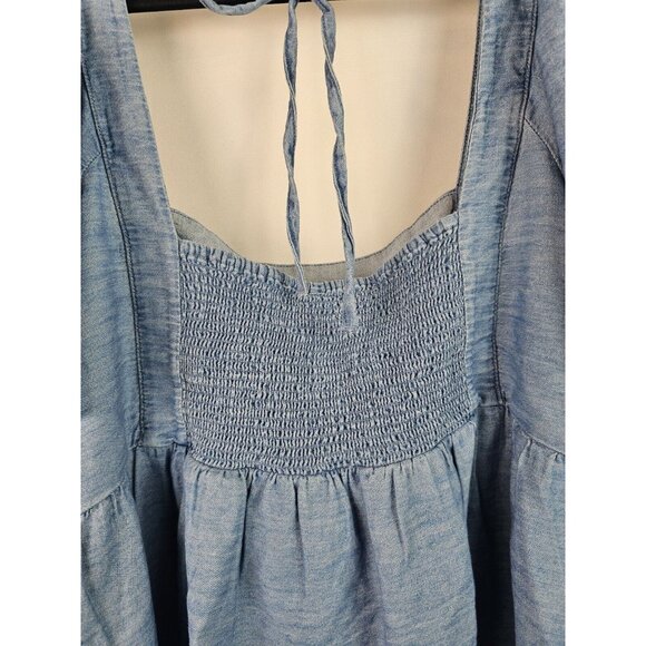 Old Navy Womens Top Size 4X Blue Chambray Embroidered Flutter Sleeve Smock Shirt - Picture 9 of 10